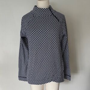 Talbots Navy and White Basket Weave Print Long Sleeve Mockneck Top SzXS